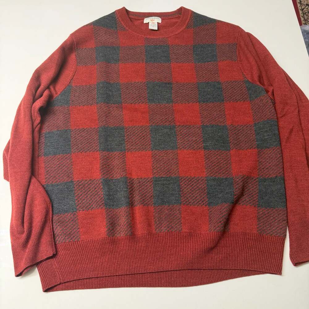 Dockers Men's Red and Gray Buffalo Check Plaid Acrylic Crew Neck Sweater XL
